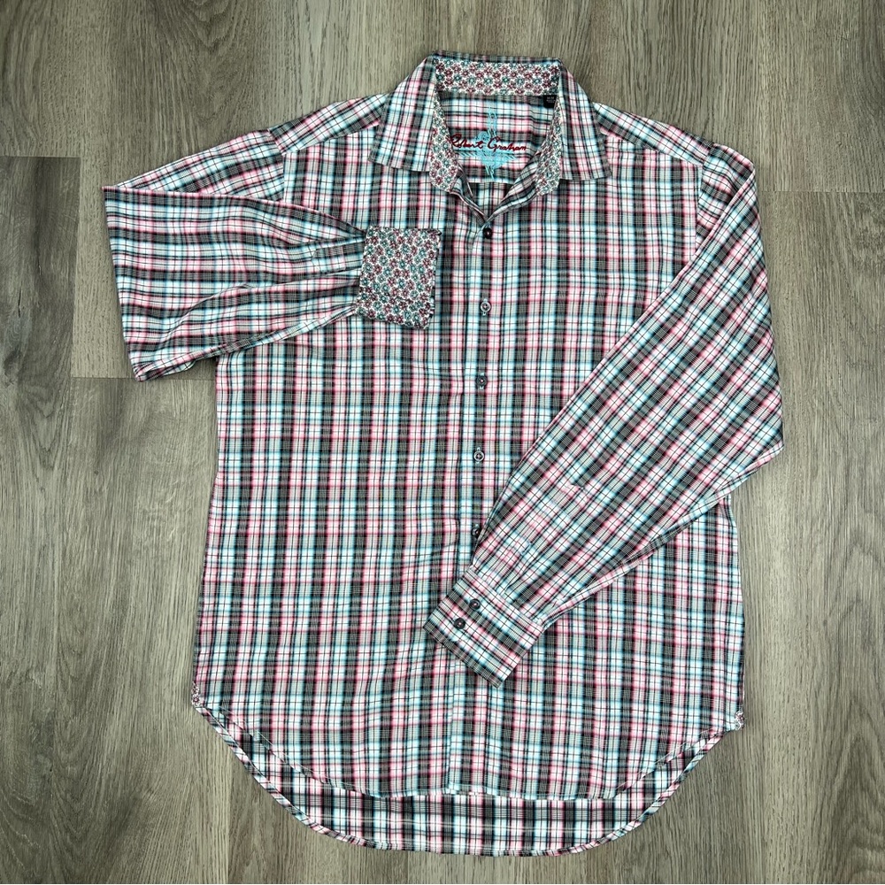 Robert Graham Mens M Plaid Pink Blue Long Sleeve Button Up Dress Shirt Flip Cuff - Picture 2 of 9